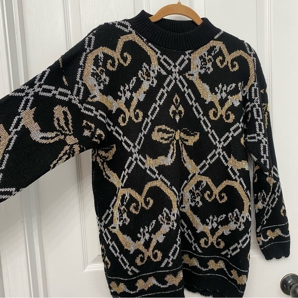 Vintage Dana Scott Metallic Bow Heart Sweater Medium Black Gold Silver - Picture 3 of 9